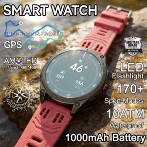 NEW 1000mAh Battery Outdoors Military GPS Navigation SmartWatch Men Compass Flashlight 10ATM Waterproof 170+Sports HD Call Watch [Code: 409]